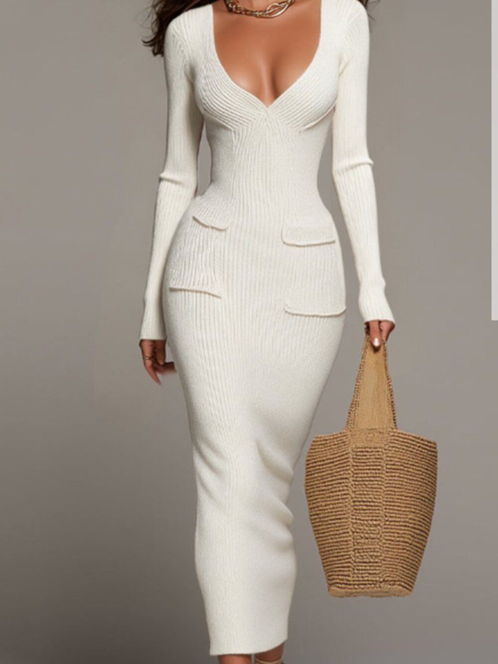 White Elegant Women's Rib-Knit Deep V-Neck Regular-Sleeve Midi Pencil Dress - Picture 4 of 7